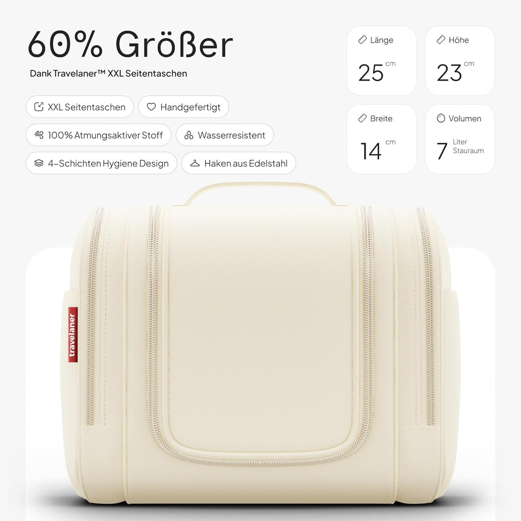 Kulturbeutel Zum Aufhängen, Damen/Herren, 7L, Crème-Beige | Große Kulturtasche Mit Haken: Kosmetiktasche, Waschtasche & Waschbeutel Für Reisen, Kinder & Erwachsene, Wasserabweisend