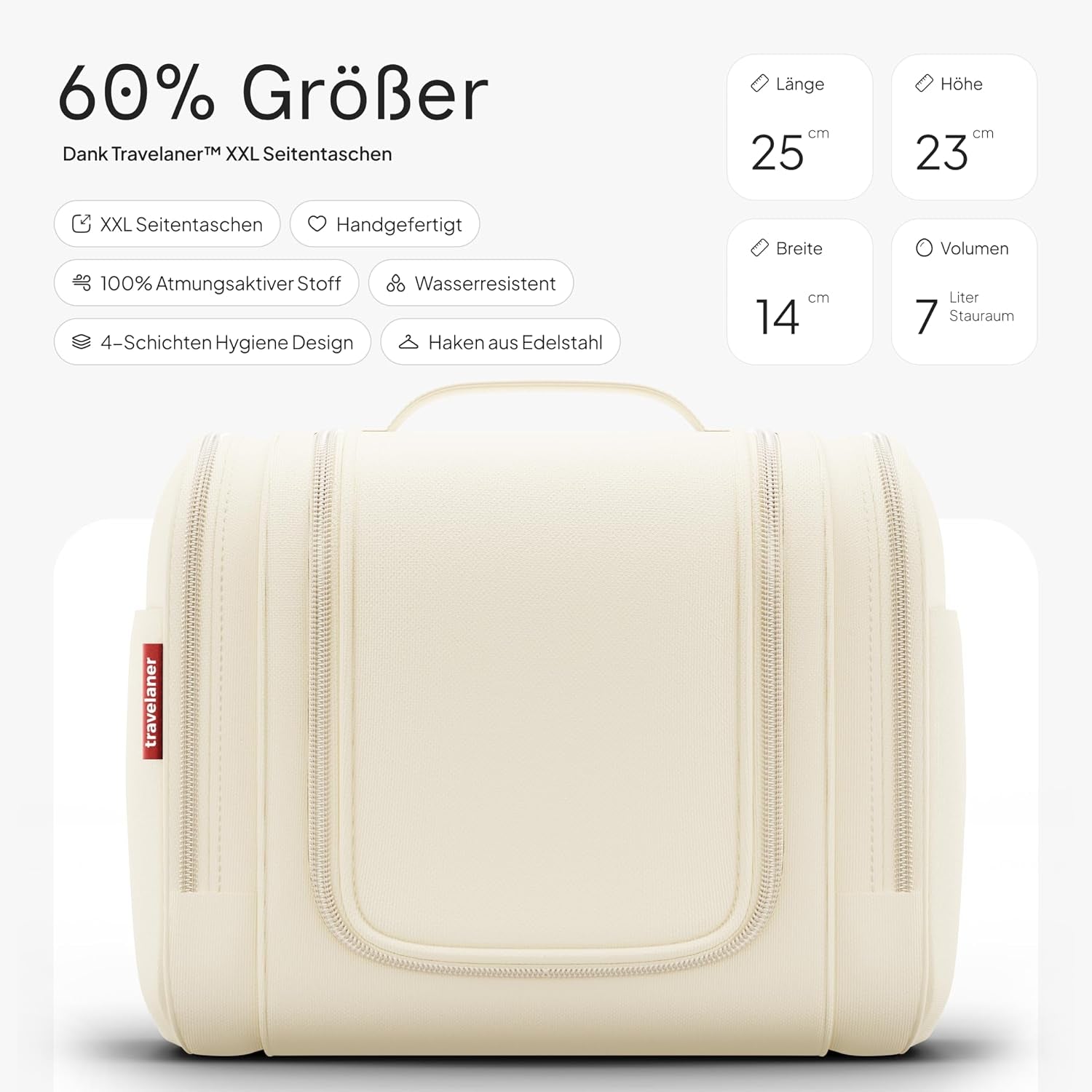 Kulturbeutel Zum Aufhängen, Damen/Herren, 7L, Crème-Beige | Große Kulturtasche Mit Haken: Kosmetiktasche, Waschtasche & Waschbeutel Für Reisen, Kinder & Erwachsene, Wasserabweisend