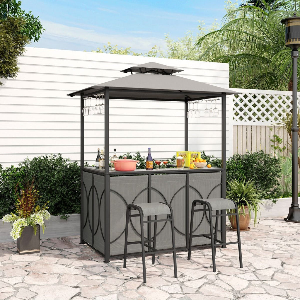 Bartisch Mit 2 Barhocker Gartenbar Set Mit Metallregalen & Glashalter Grillpavillon Mit Doppeldach