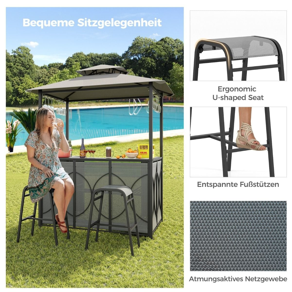 Bartisch Mit 2 Barhocker Gartenbar Set Mit Metallregalen & Glashalter Grillpavillon Mit Doppeldach