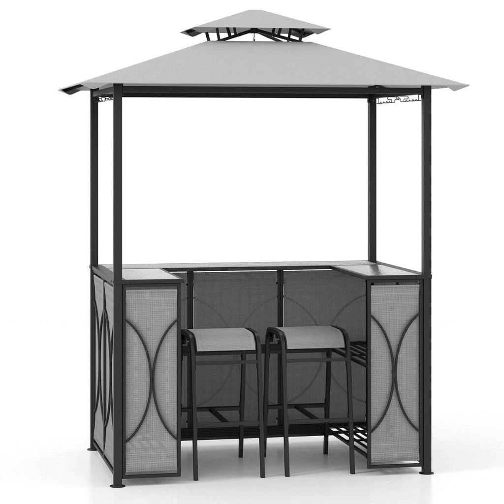 Bartisch Mit 2 Barhocker Gartenbar Set Mit Metallregalen & Glashalter Grillpavillon Mit Doppeldach
